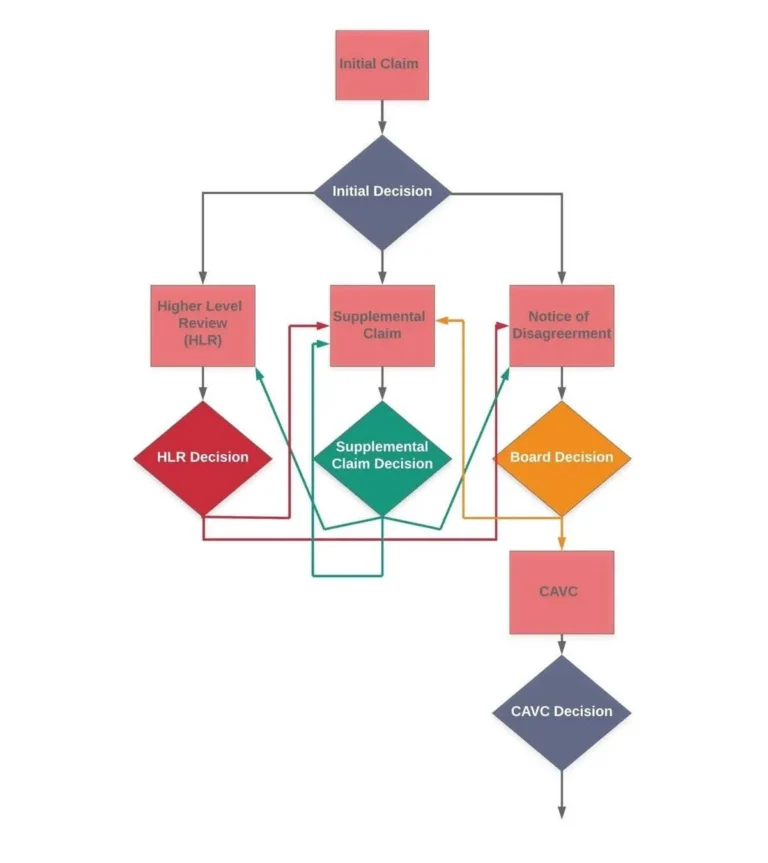Flowchart depicting the claims decision process with color-coded boxes and arrows.