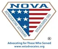 Logo featuring a shield with American flag elements and text supporting veterans.
